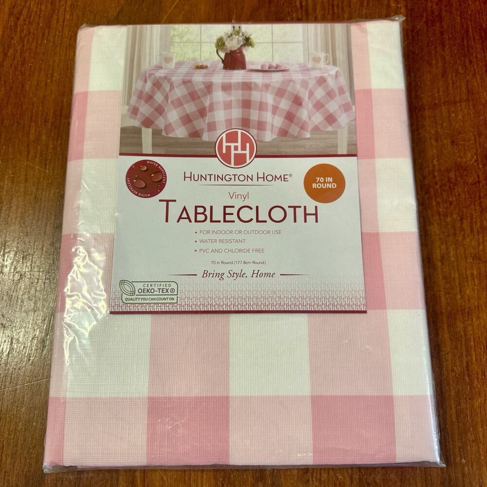 Huntington Home Pink Gingham Vinyl Round Tablecloth 70” Peva New Sealed